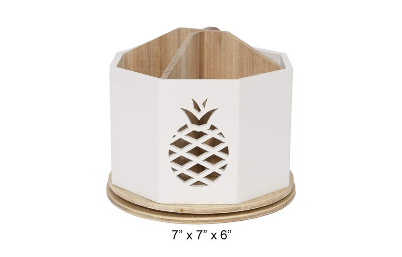 Designstyles Spinning Desktop Stationary Organizer â€“ Decorative Wooden Rotating Pen and Pencil Cup â€“ 4 Compartment White Desk and Table Top Office Supplies Station with Pineapple Cutout - by Designstyles - Image 2